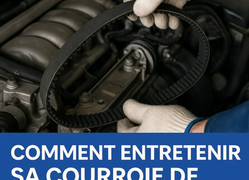 Un mécanicien tient une courroie de distribution au-dessus d’un moteur, guide visuel d’entretien pour le blog Carbelt